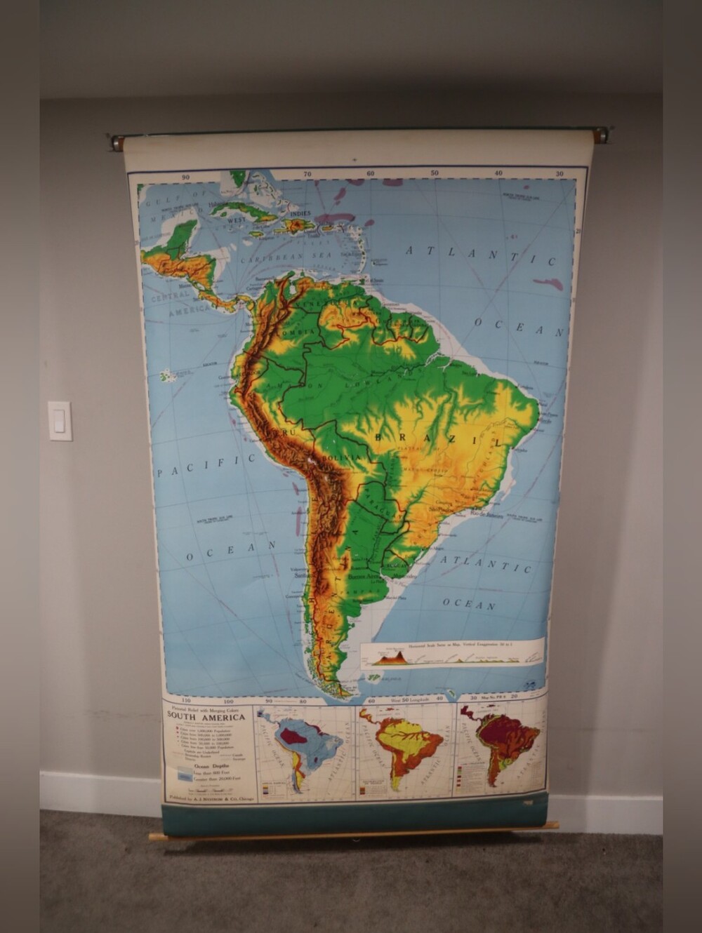 (72"×43") 1962 A.J. Nystorm Classroom Roll Up Map Of South America